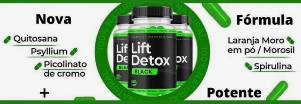 imagem com tres potes e a composição do produto Lift Detox Black Original Site Oficial